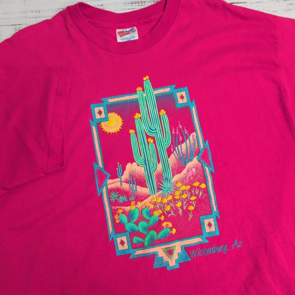 VTG 90s Single Stitch T-Shirt Men’s XL Cactus Desert Aztec Art Pink Made In USA